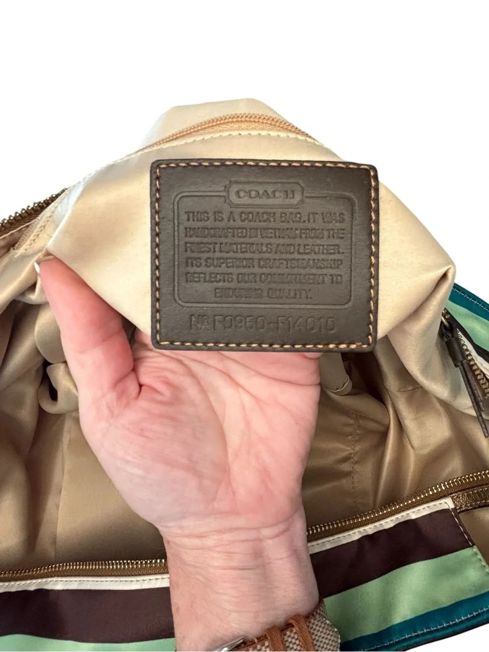 COACH Legacy Stripe Large Satin Tote Bronze Leather Trim Style 14010